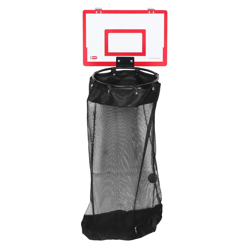 Over-the-door basketball laundry hamper with backboard, rim and long black mesh bag