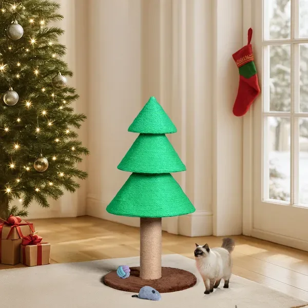Green Christmas tree cat scratcher in a living room next to a decorated tree, with a cat